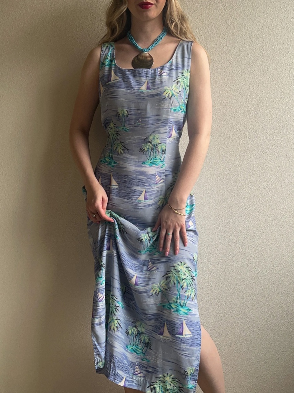 Vintage 1990s Tropical Sailboat Print Midi Dress (M/L) - Picture 3 of 13